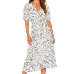 FAITHFULL THE BRAND SONJA MIDI DRESS WHITE WITH BLACK PETITE FLORAL PRINT SZ 10
